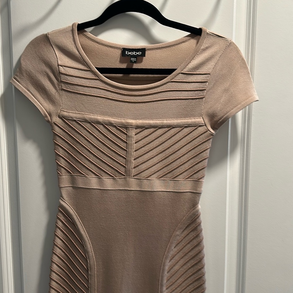 Taupe cap sleeve mini dress.